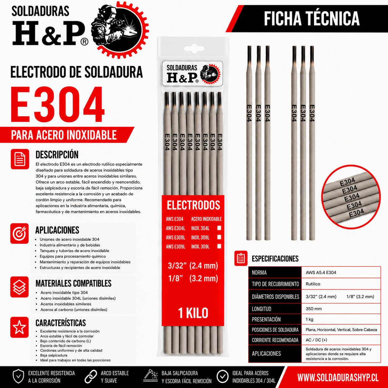 Electrodo de Soldadura H&P Inoxidable 304-1kg - Imagen 2