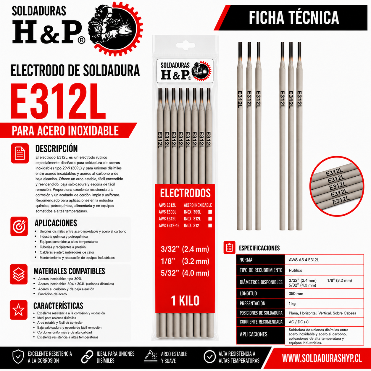 Electrodo de Soldadura H&P Inoxidable 312-1kg - Imagen 2