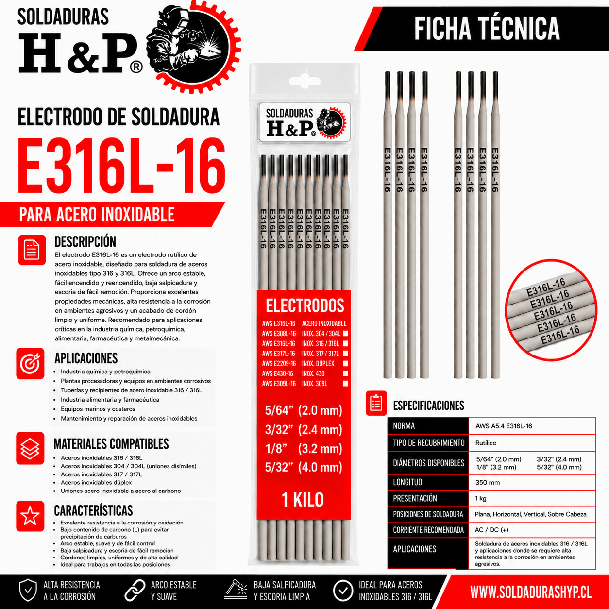 Electrodo de Soldadura H&P Inoxidable 316L-16-1kg - Imagen 2