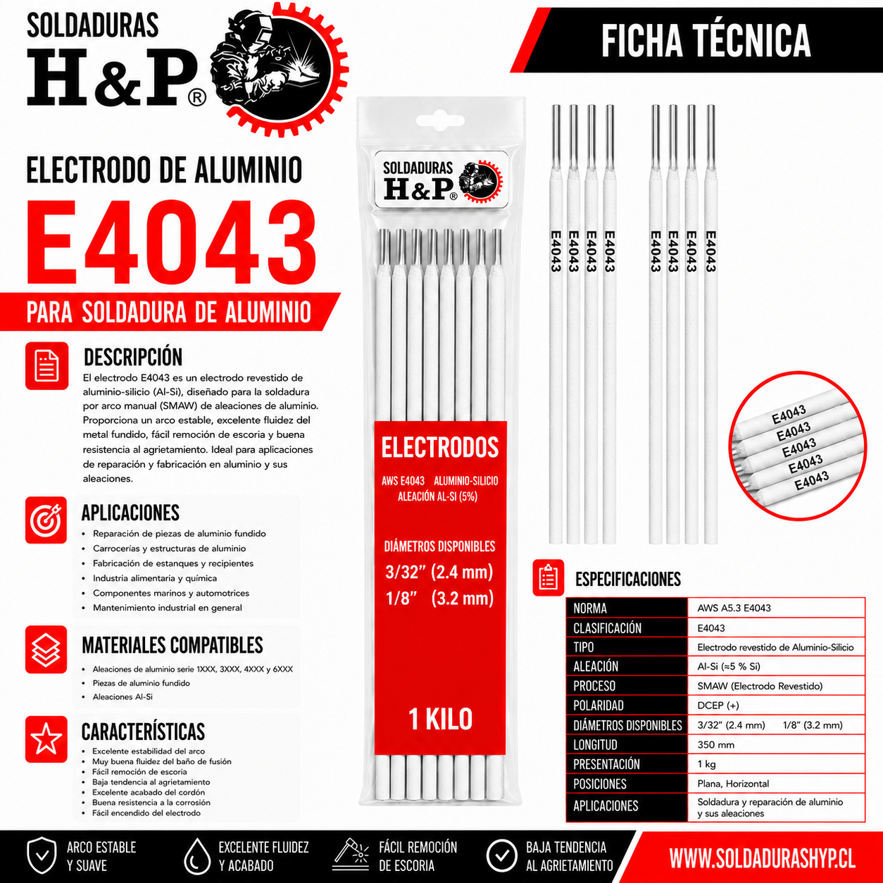 Electrodo de Soldadura H&P Aluminio 4043-1kg - Imagen 2
