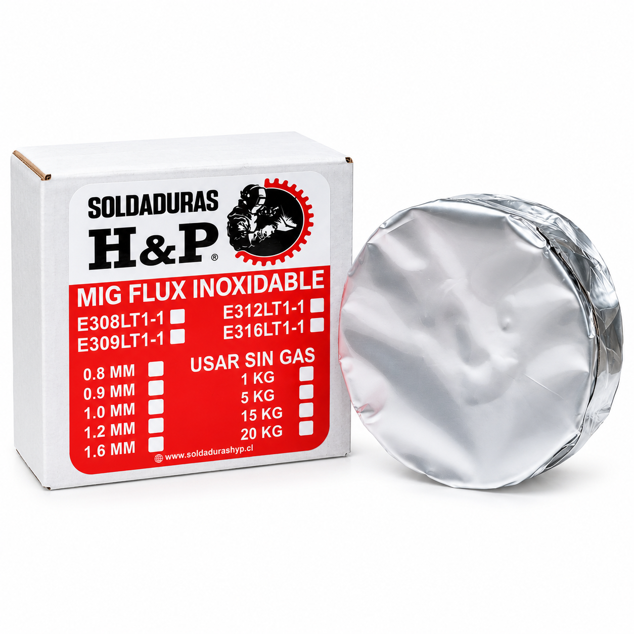 Alambre Mig Flux Core Inoxidable H&P E308L 1KG 0.8mm USAR SIN GAS